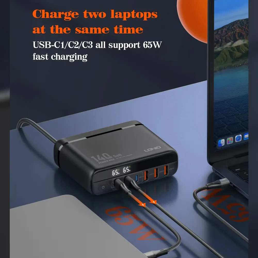 Kucni punjac sa adapterima LDNIO A6140C GaN PPS 3xQC3.0 (30W), 3xPD3.0 (100W), 140W Max, a Type C na Type C kablom crni