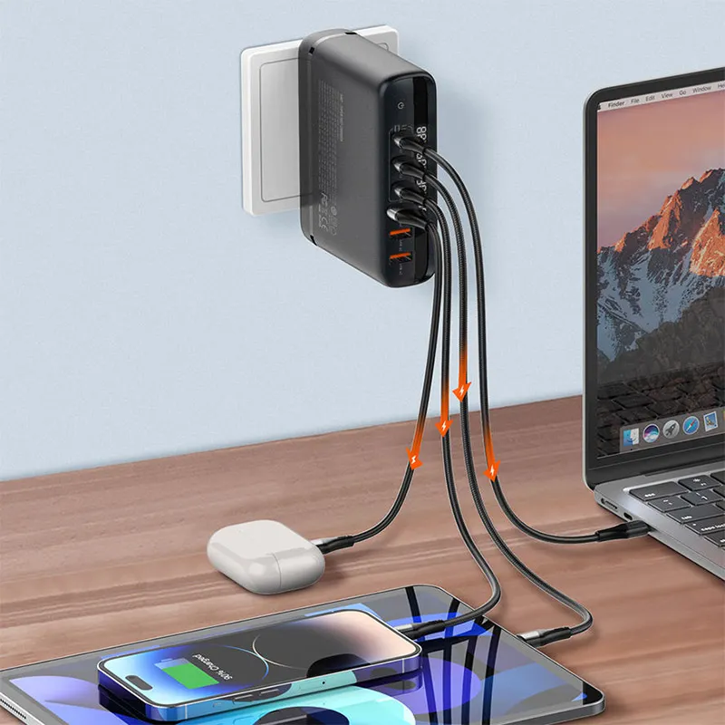 Kucni punjac sa adapterima LDNIO A6140C GaN PPS 3xQC3.0 (30W), 3xPD3.0 (100W), 140W Max, a Type C na Type C kablom crni