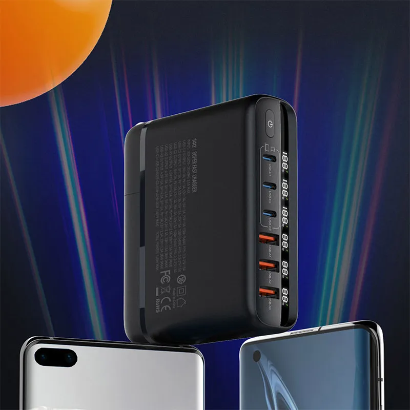 Kucni punjac sa adapterima LDNIO A6140C GaN PPS 3xQC3.0 (30W), 3xPD3.0 (100W), 140W Max, a Type C na Type C kablom crni