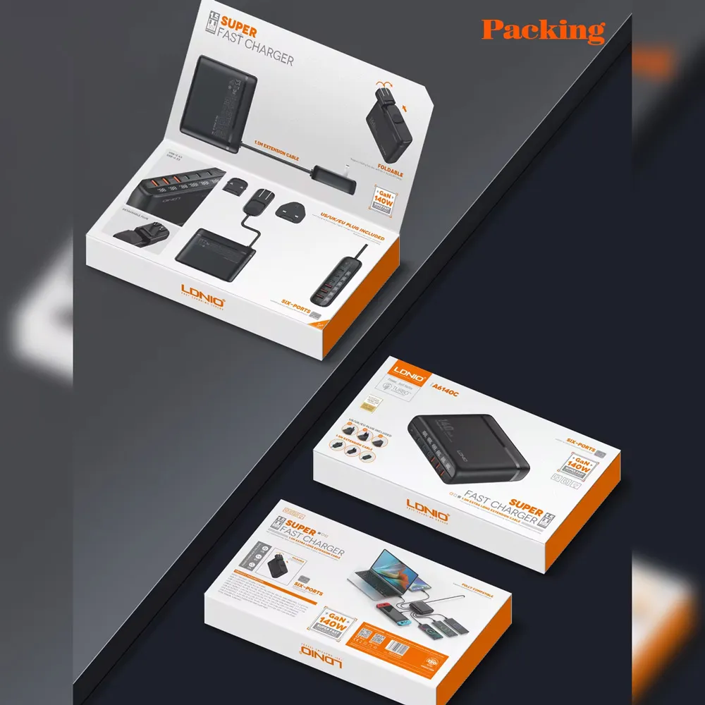 Kucni punjac sa adapterima LDNIO A6140C GaN PPS 3xQC3.0 (30W), 3xPD3.0 (100W), 140W Max, a Type C na Type C kablom crni