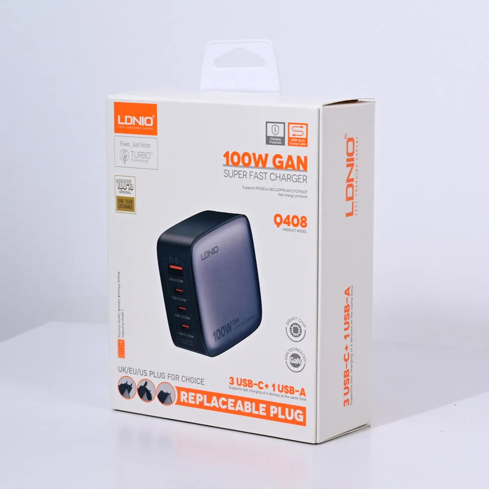 Kucni punjac sa adapterima LDNIO Q408 GaN PPS QC3.0 (30W), 3xPD3.0 (100W), 100W Max, a Type C na Type C kablom crni
