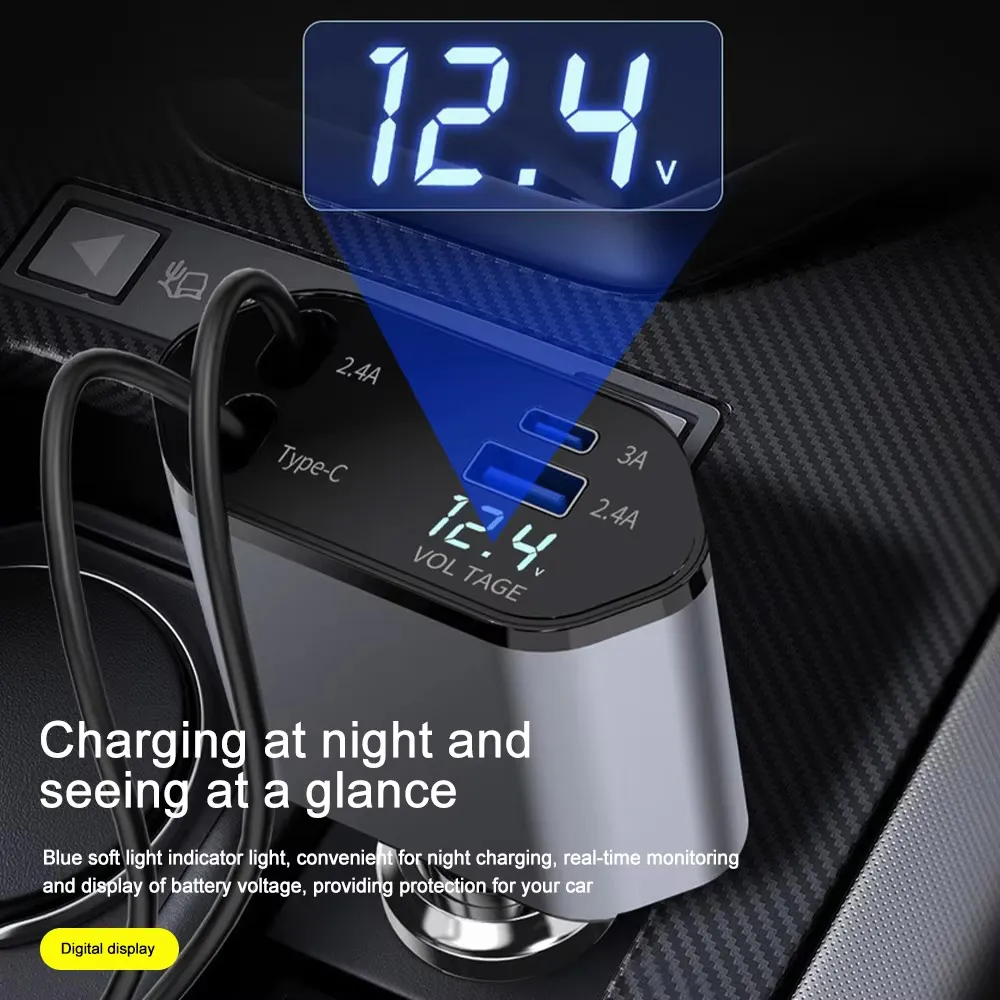 Auto punjac C1 4u1 PD 3A, USB 2.4A 120W (total) sa Type C/lightning kablom tamno sivi