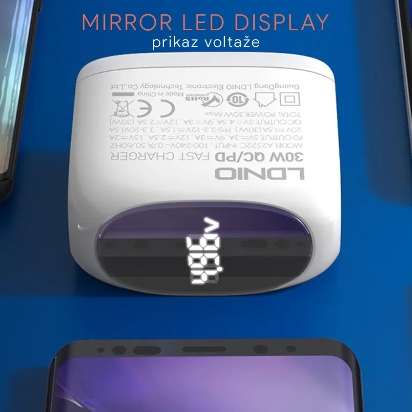 Kucni punjac LDNIO A2522C QC3.0, PD, PPS, LED Display, 30W sa Type C na iPhone lightning kablom beli