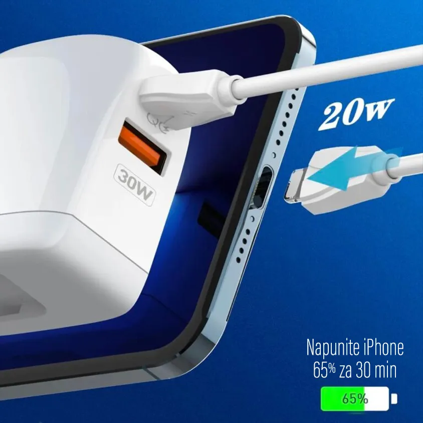 Kucni punjac LDNIO A2522C QC3.0, PD, PPS, LED Display, 30W sa Type C na iPhone lightning kablom beli