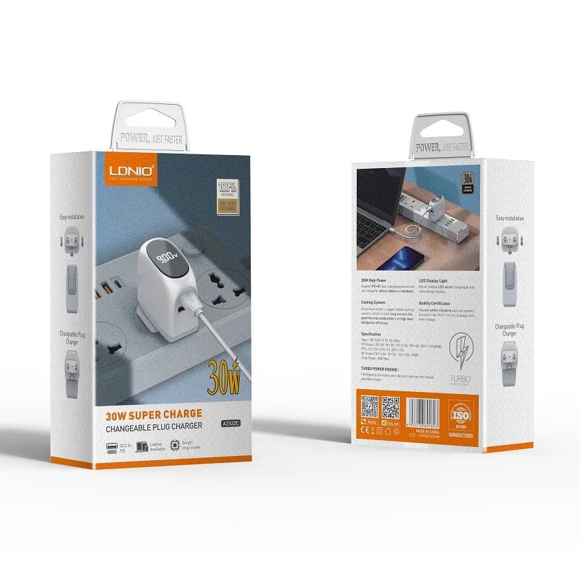 Kucni punjac LDNIO A2522C QC3.0, PD, PPS, LED Display, 30W sa Type C na iPhone lightning kablom beli