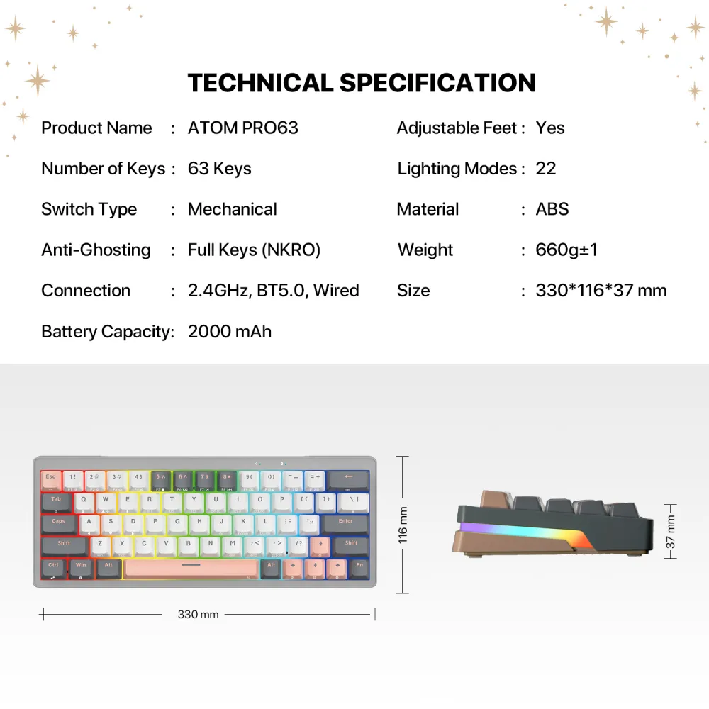 Tastatura Mehanicka Gaming Fantech MK912 RGB Atom PRO63 Wireless Saturn (blue switch)