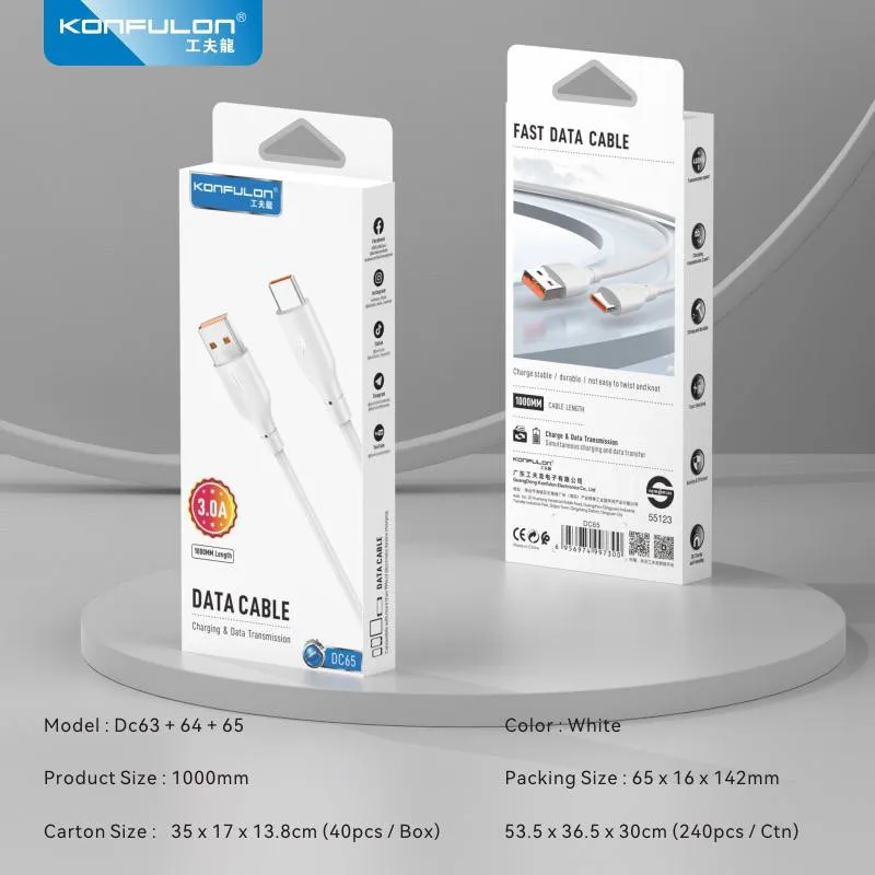 Data kabl KONFULON DC65, 3A, USB na Type C beli 1m