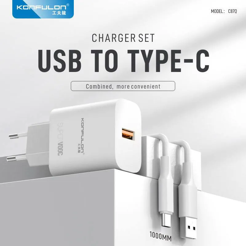 Kucni punjac KONFULON C87Q, 3A, 25W, sa Type C USB kablom beli
