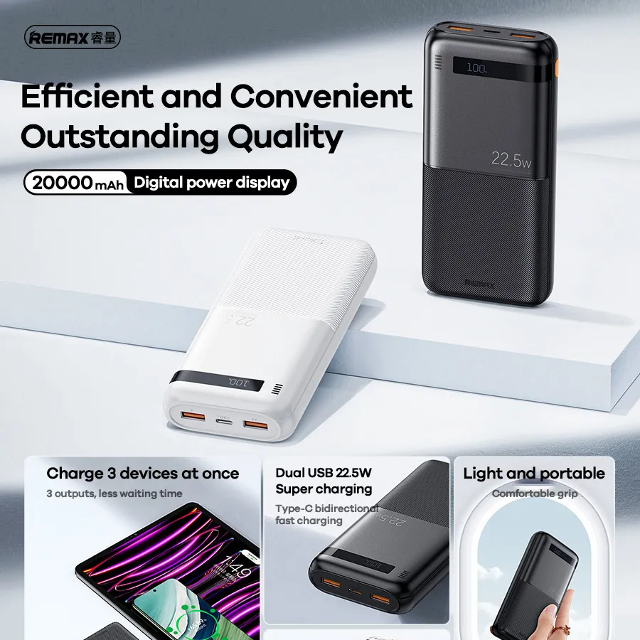 Power Bank REMAX Piloteer Series RPP-72 20W+22.5W Fast Charging 20000mAh crni