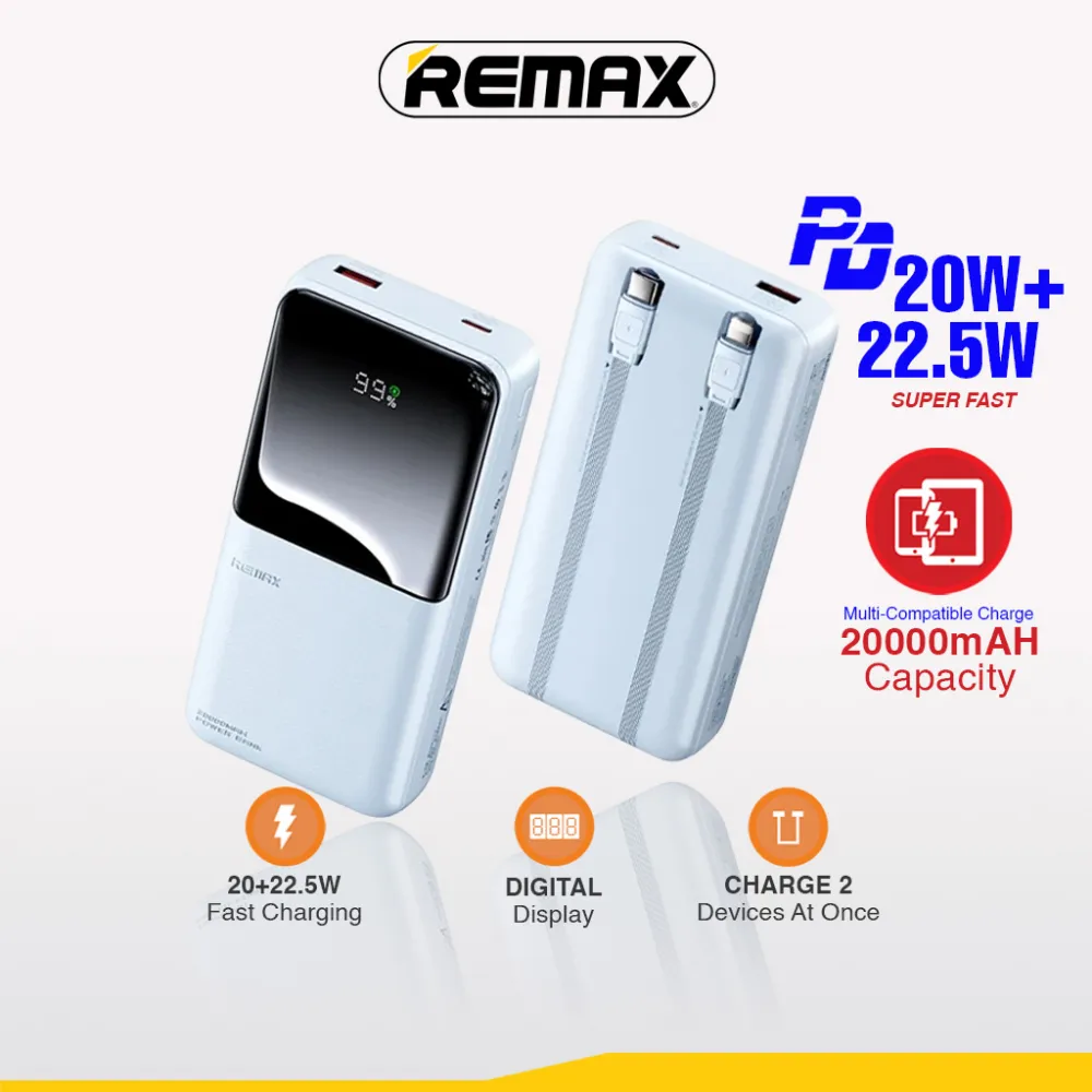 Power Bank with 2 Fast Charging Cables REMAX Cynlle Series RPP-680 PD 20W+QC 22.5W 20000mAh plavi