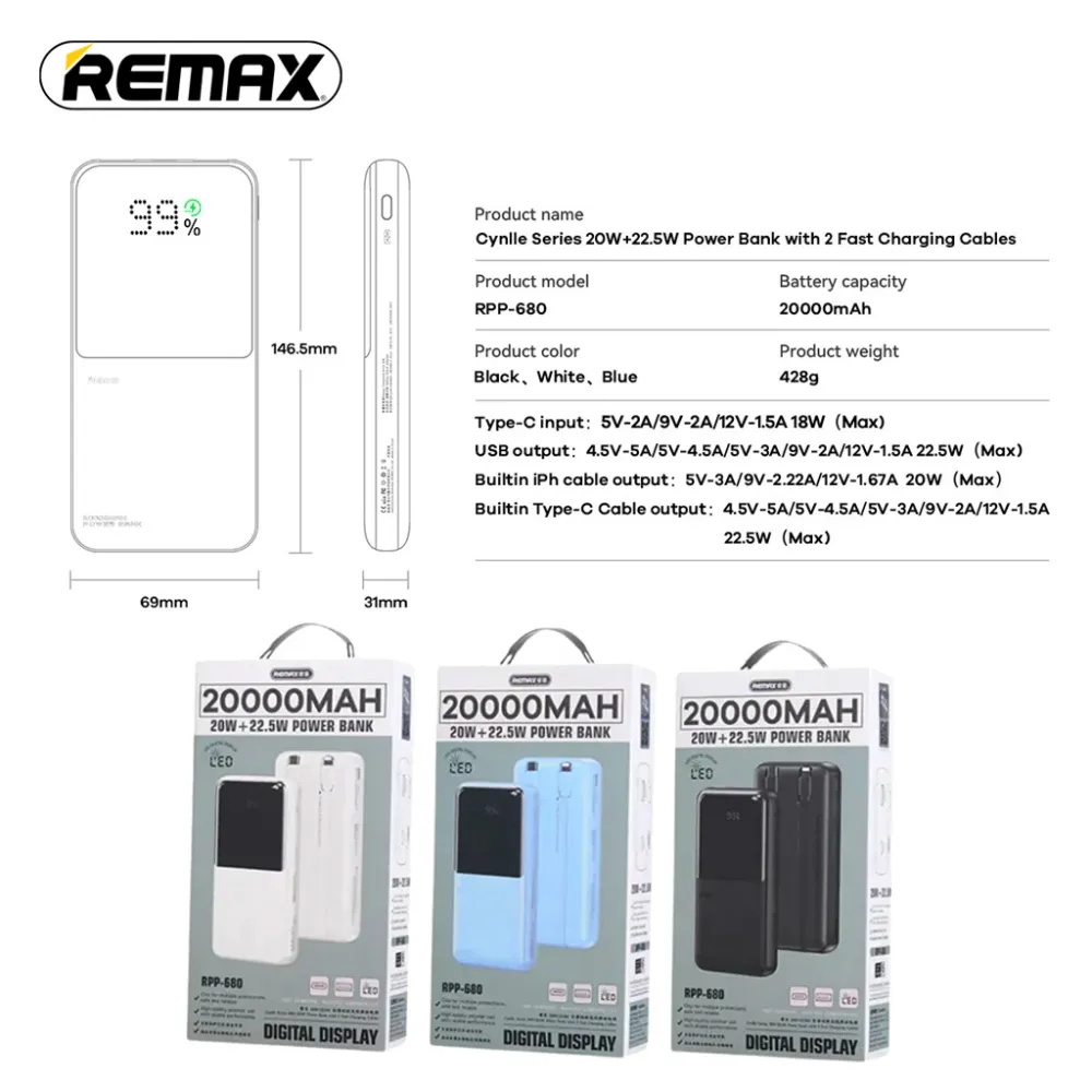 Power Bank with 2 Fast Charging Cables REMAX Cynlle Series RPP-680 PD 20W+QC 22.5W 20000mAh plavi