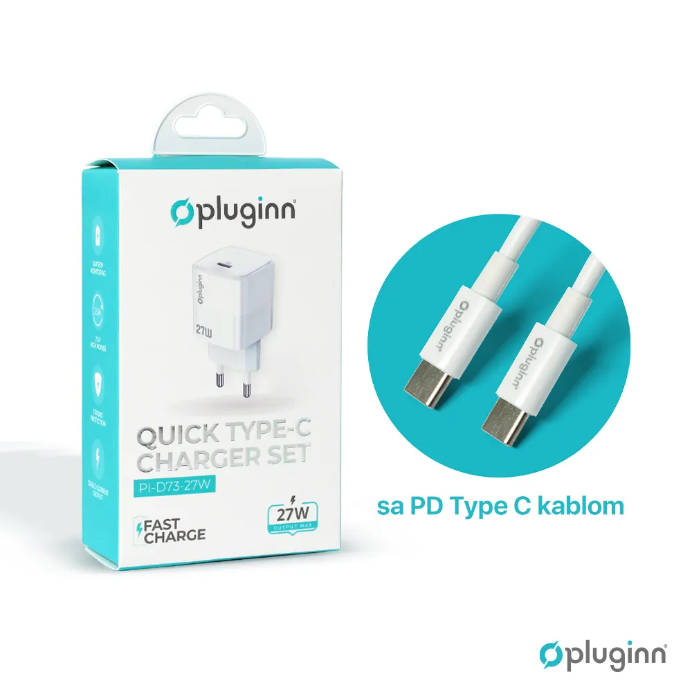 Kucni punjac Pluginn PI-D73-27w, PD 3.0, PPS, 27W sa PD Type C kablom beli CE