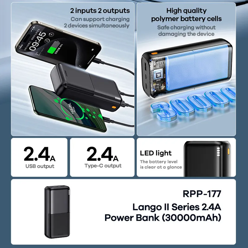 Power Bank REMAX RPP-177 Lango II Series 2.4A Fast Charging 30000mAh crni