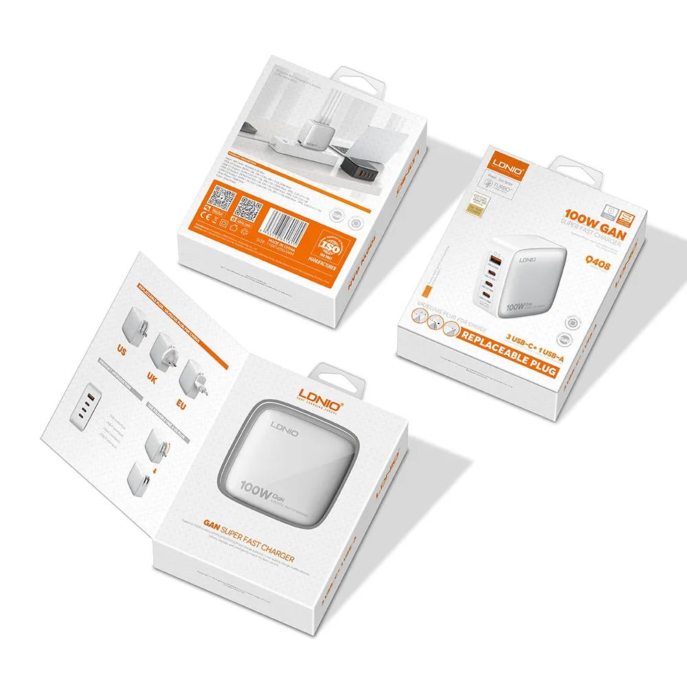 Kucni punjac sa adapterima LDNIO Q408 GaN PPS QC3.0 (30W), 3xPD3.0 (100W), 100W Max, sa Type C na Type C kablom beli