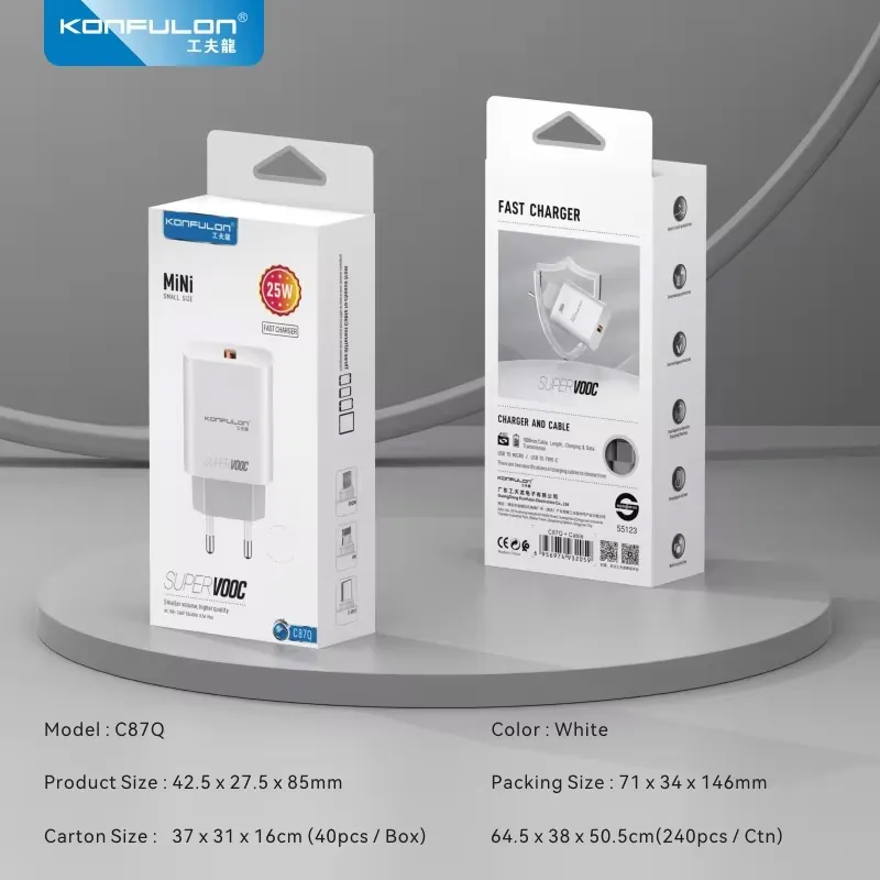 Kucni punjac KONFULON C87Q, sa micro USB kablom beli