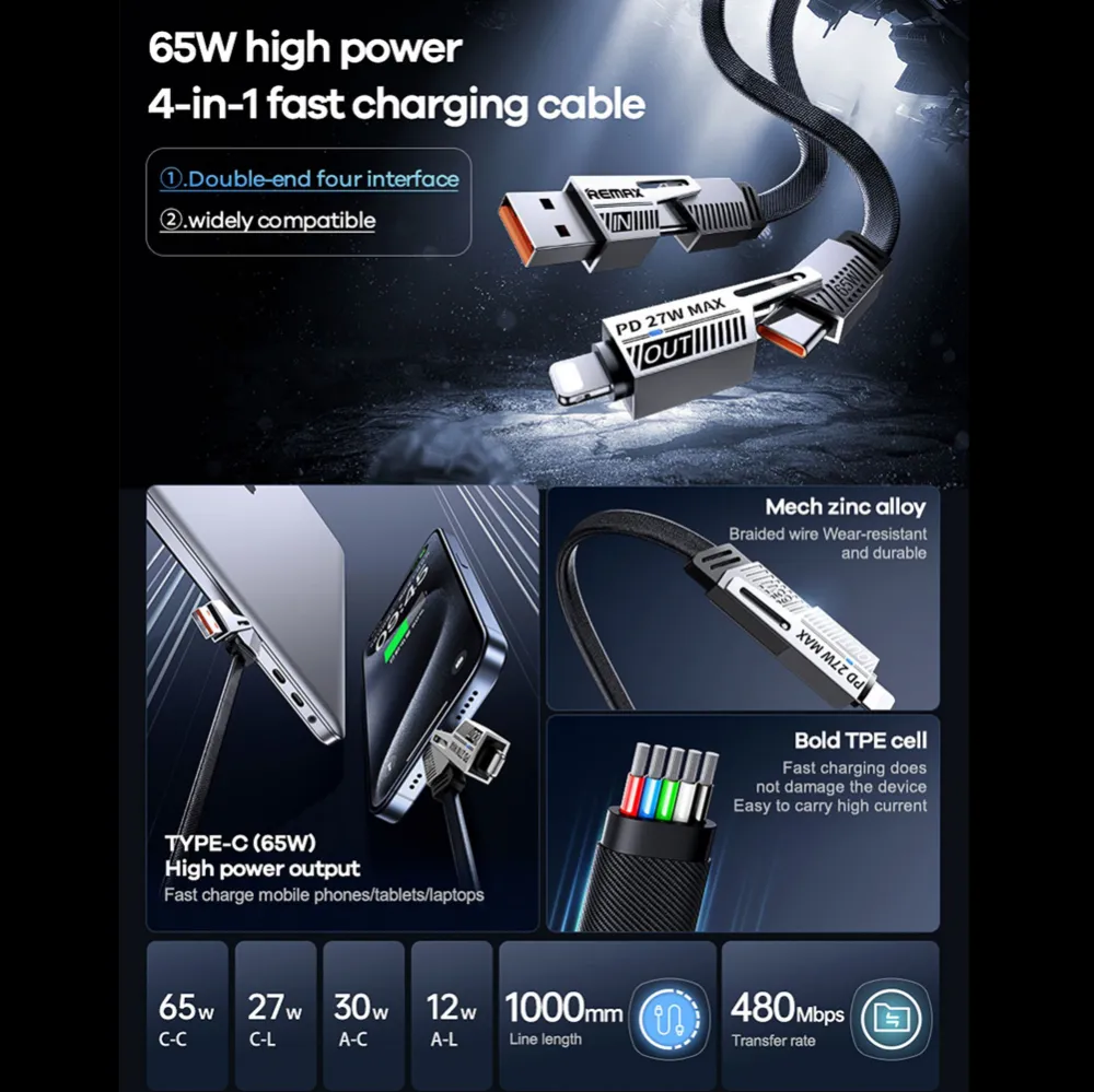 Data kabl REMAX RC-C189 65W Zinc Alloy Braided 4-in-1 Fast Charging, 1m