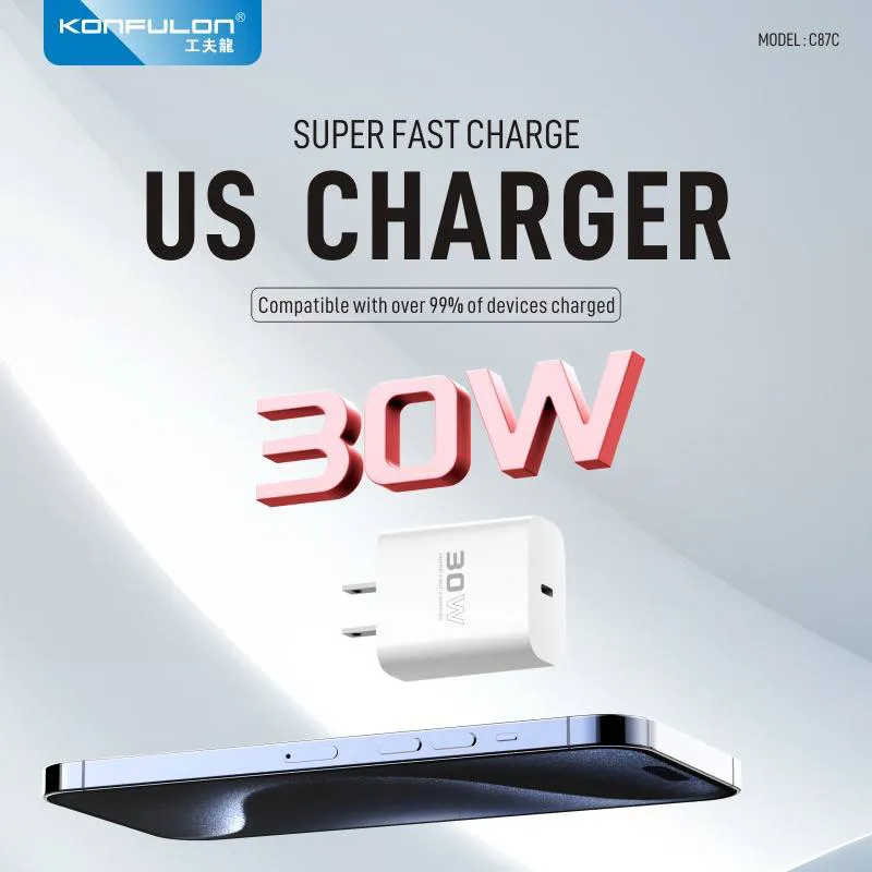 Kucni punjac KONFULON C87c, 30W, sa Type C na iPhone lightning kablom beli