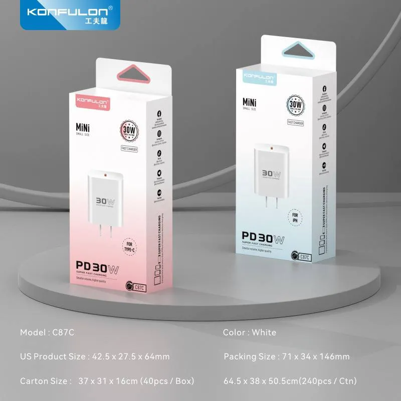 Kucni punjac KONFULON C87c, 30W, sa Type C na iPhone lightning kablom beli
