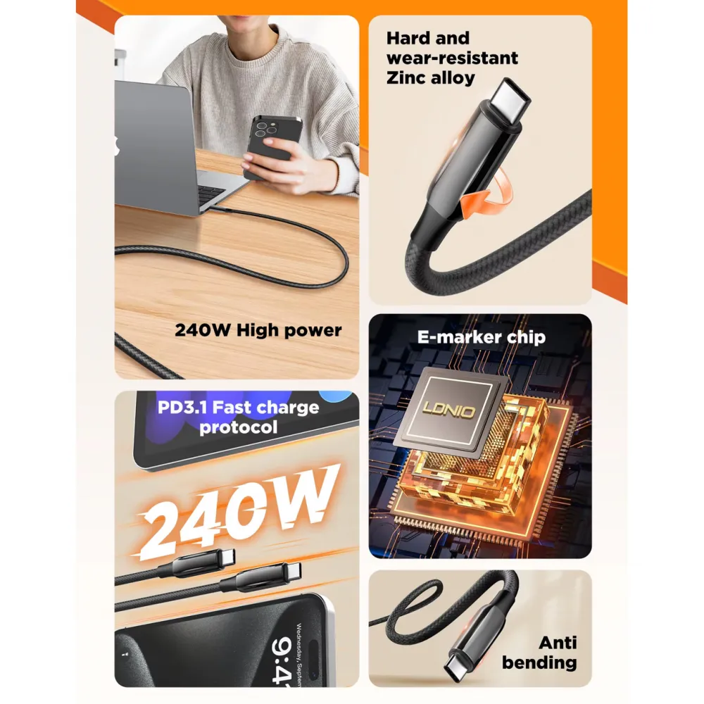 Data kabl LDNIO LC921c -240W Type C na Type C crni 1m
