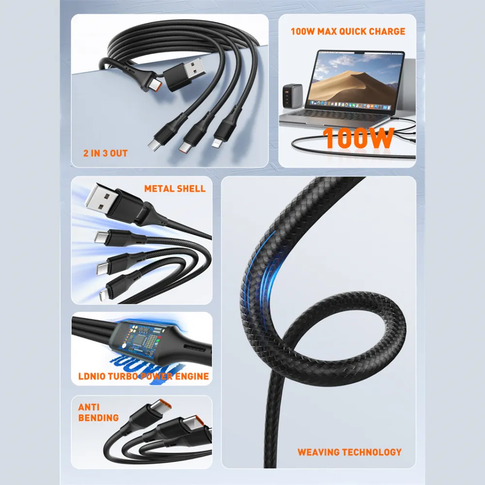 Data kabl LDNIO LC97 uc 100W 4 u 1 crni 1.2m