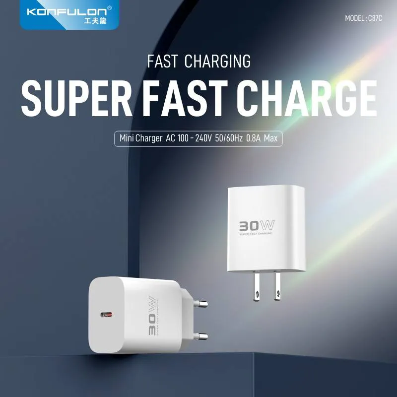Kucni punjac KONFULON C87c, 30W, +DL51 sa PD Type C kablom beli