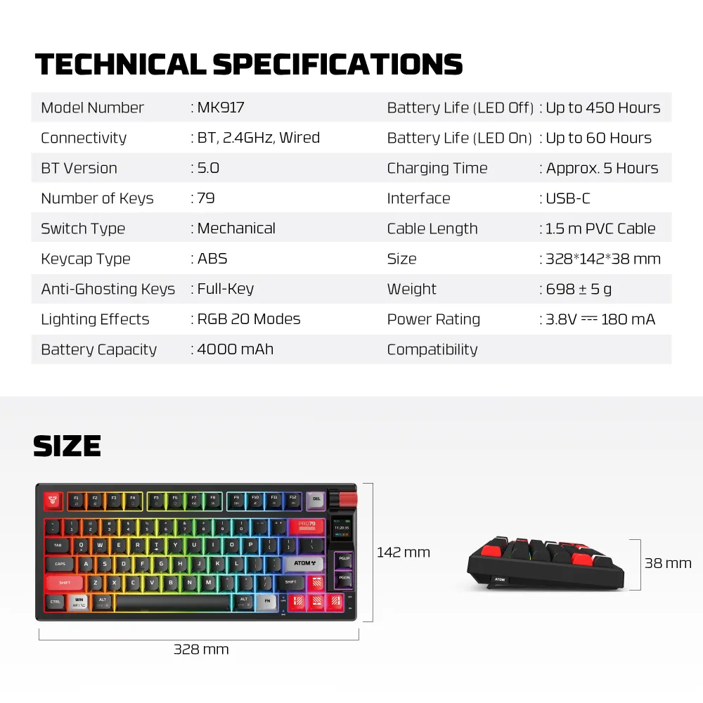 Tastatura Mehanicka Gaming Fantech MK917 RGB Atom PRO79 Wireless crna (Blue switch)
