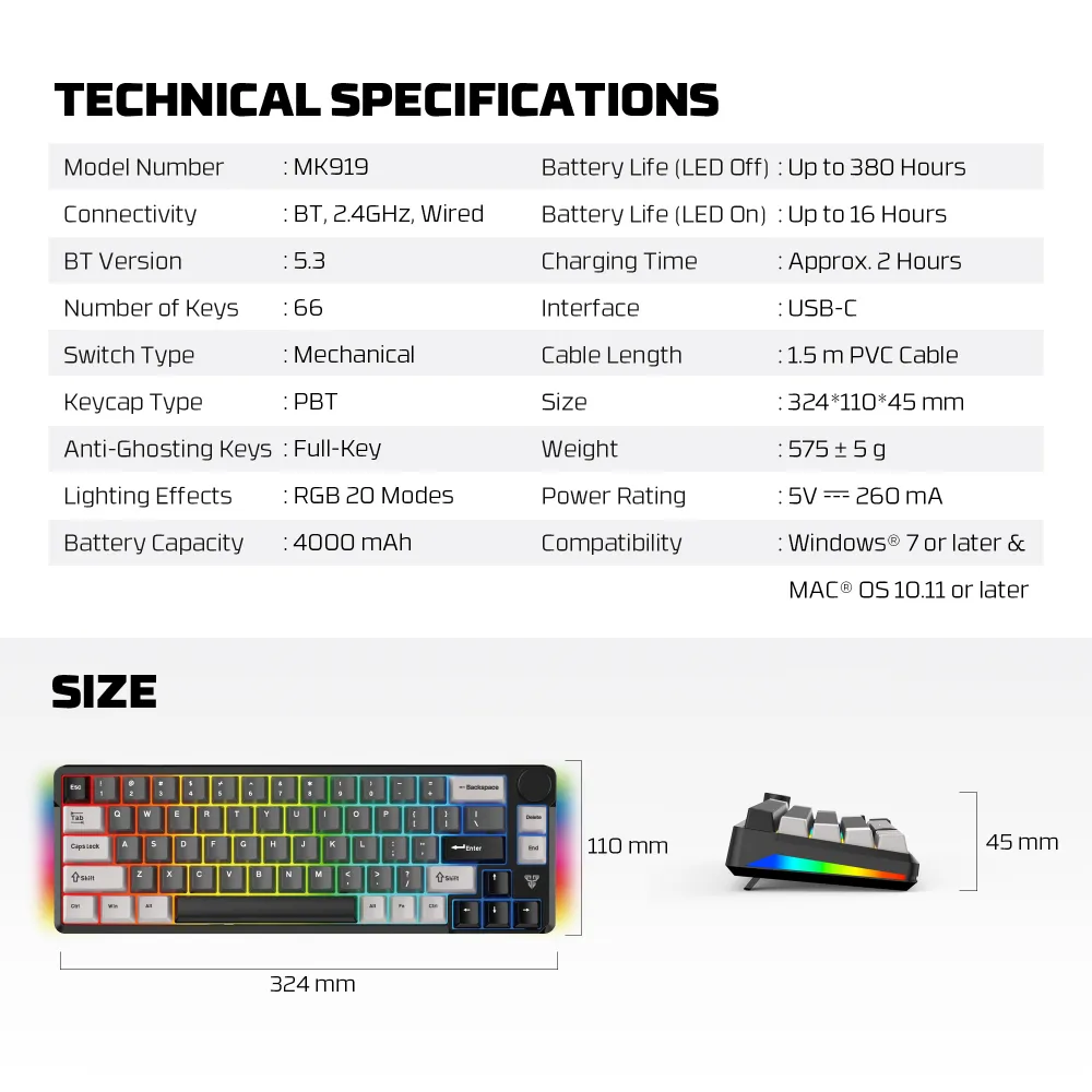 Tastatura Mehanicka Gaming Fantech MK919 Atom PRO66 siva (Blue switch)