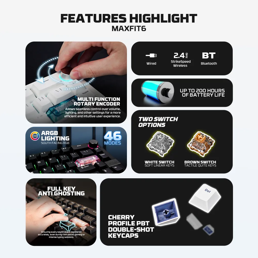 Tastatura Mehanicka Gaming Fantech MK920 RGB Maxfit 6 Wireless black (Brown switch)