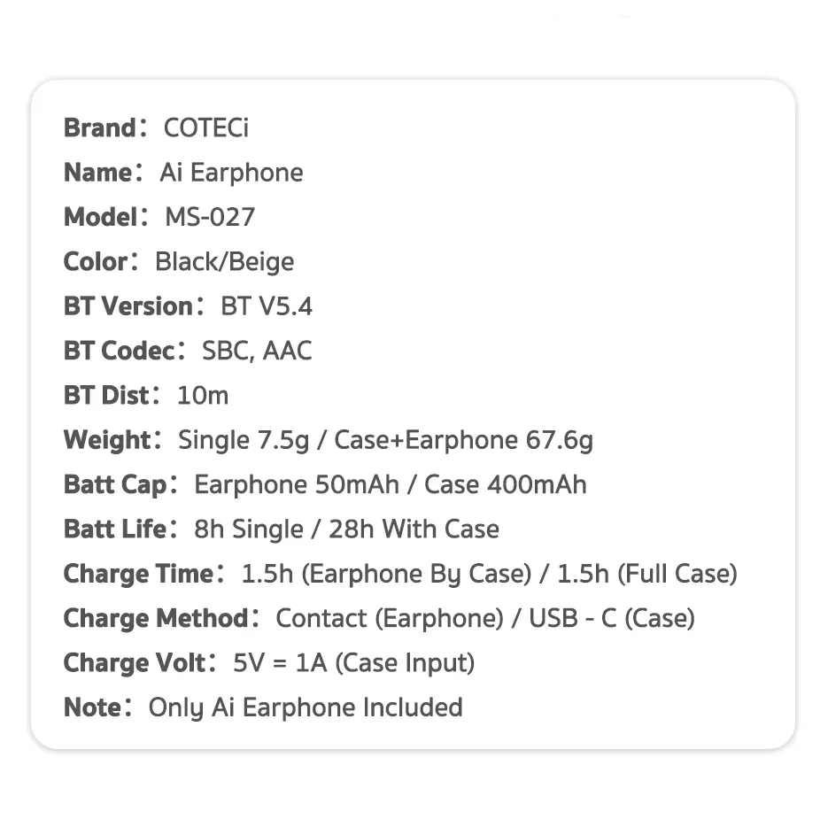Bluetooth slusalice Coteci MS-027 sa AI prevodiocem bez