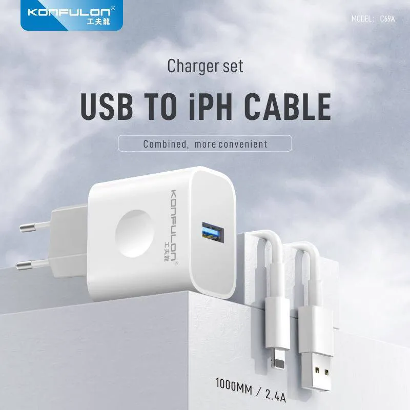 Kucni punjac KONFULON C69A+DC05 QC 15W, USB na iPhone lightning beli 1m