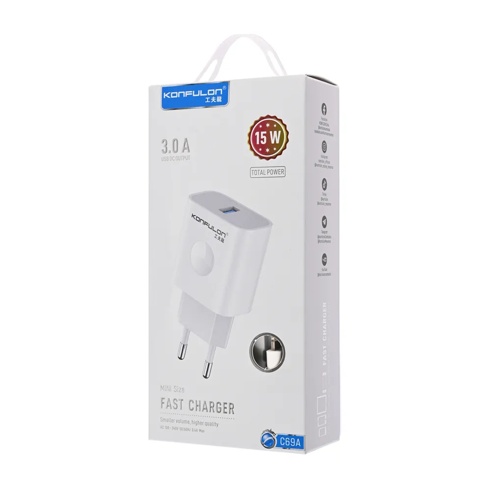Kucni punjac KONFULON C69A+DC05 QC 15W, USB na iPhone lightning beli 1m