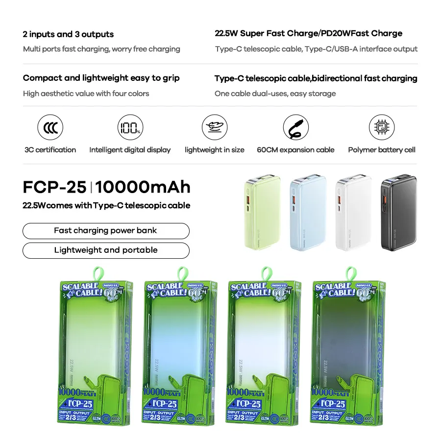 Power bank prenosiva baterija REMAX FCP-25 Fast Charging 22.5W(teleskopski kabl) Type-C 10000mAh crni