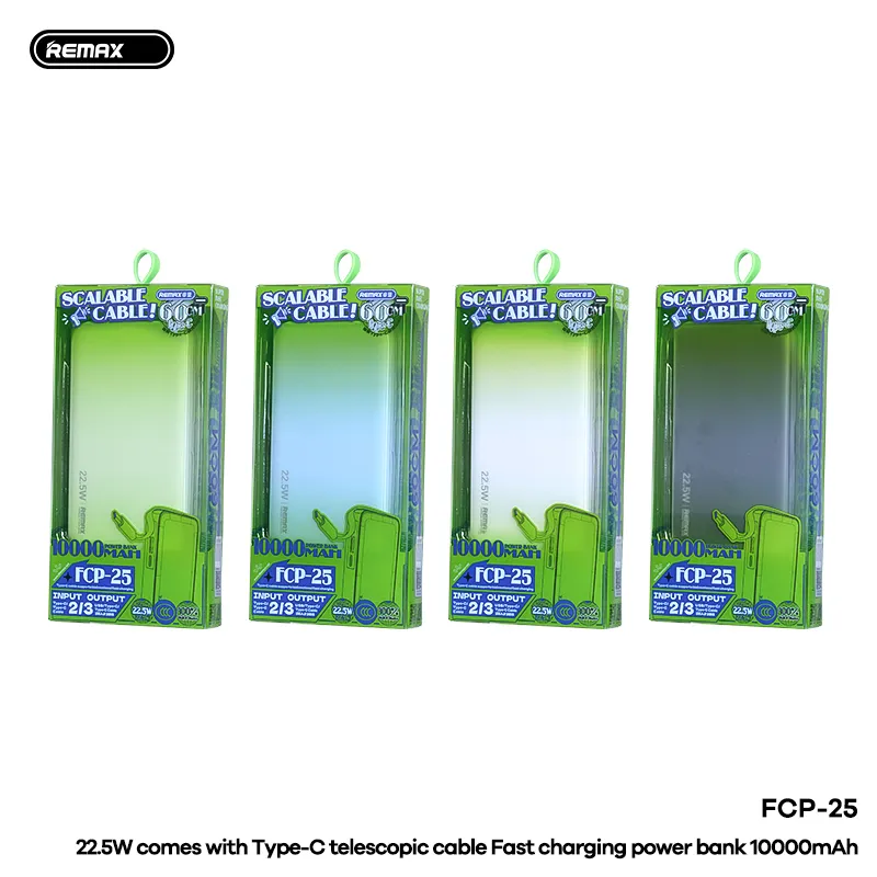 Power bank prenosiva baterija REMAX FCP-25 Fast Charging 22.5W(teleskopski kabl) Type-C 10000mAh crni