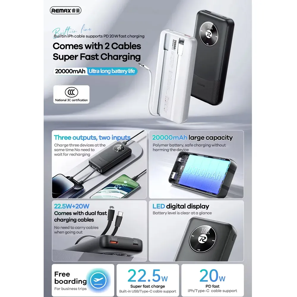 Power bank prenosiva baterija REMAX RPP-38 Fast Charging 20+22.5W 20000mAh crni