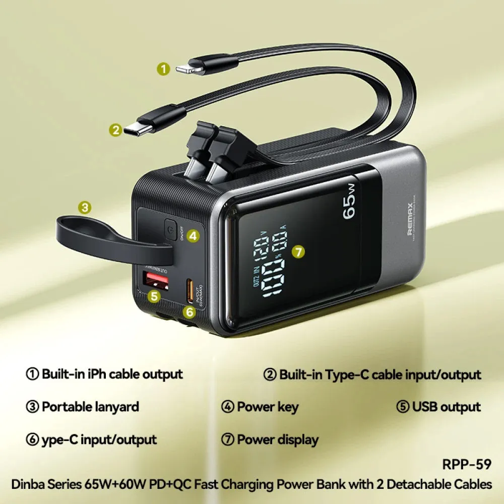Power bank prenosiva baterija REMAX Dinba Series RPP-59 65W+60W PD+QC Fast Charging 20000mAh crni