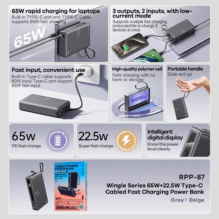 Power bank prenosiva baterija REMAX Wingle Series RPP-87 65W+22.5W Fast Charging 20000 mAh crni
