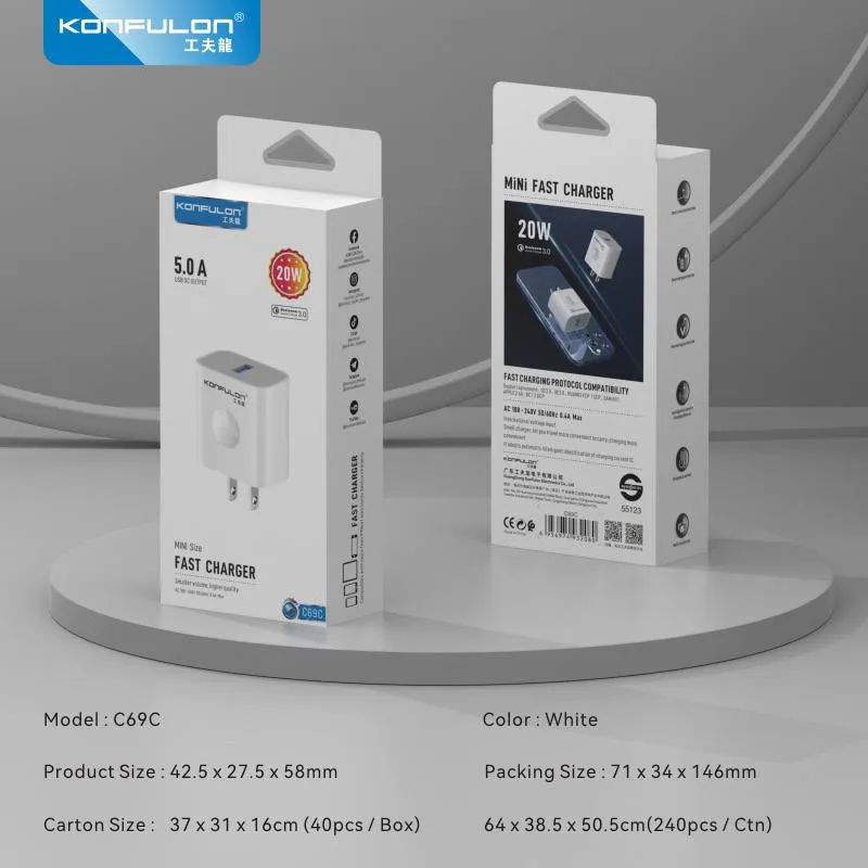 Kucni punjac KONFULON C69C+DL47 QC 18W, sa micro USB kablom beli 1m