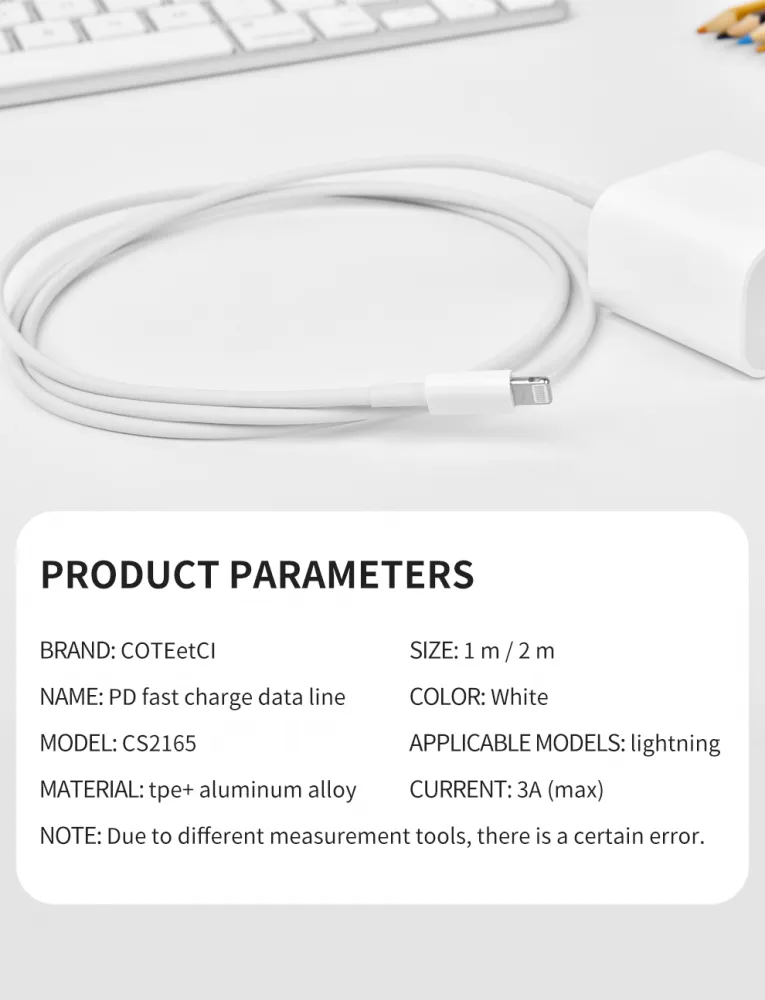 Data kabl Coteci CS2165 3A PD na iPhone lightning beli 1m