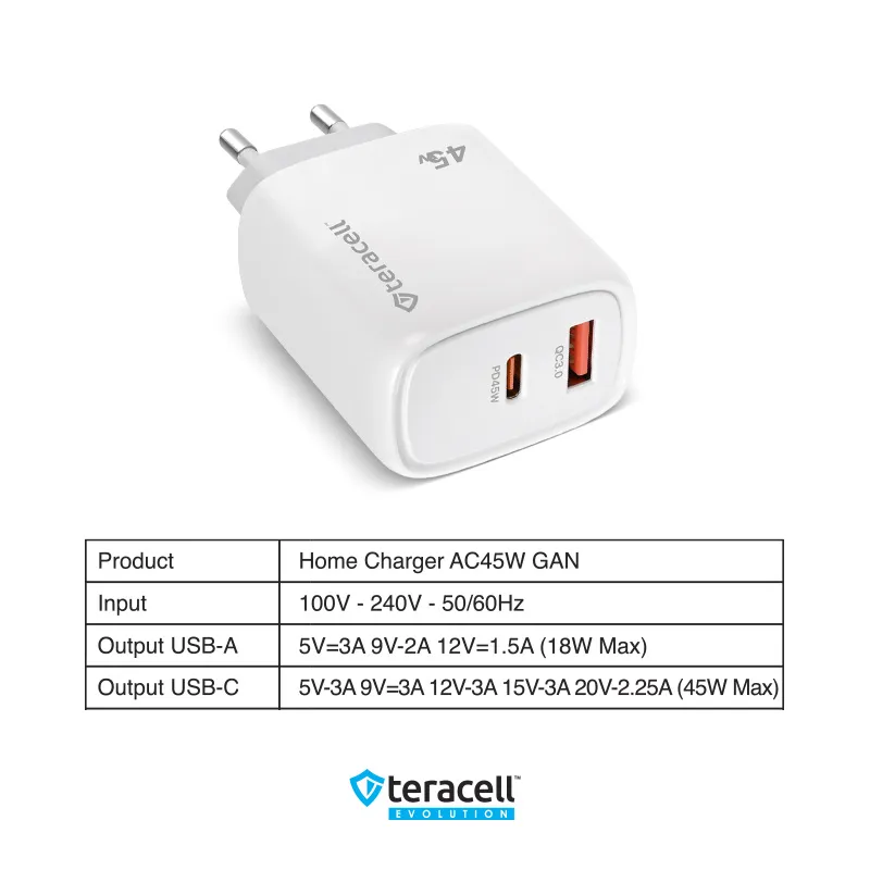 Kucni punjac Teracell Evolution TC-19, GAN, QC, PD Fast charging 45W sa PD type C kablom beli CE