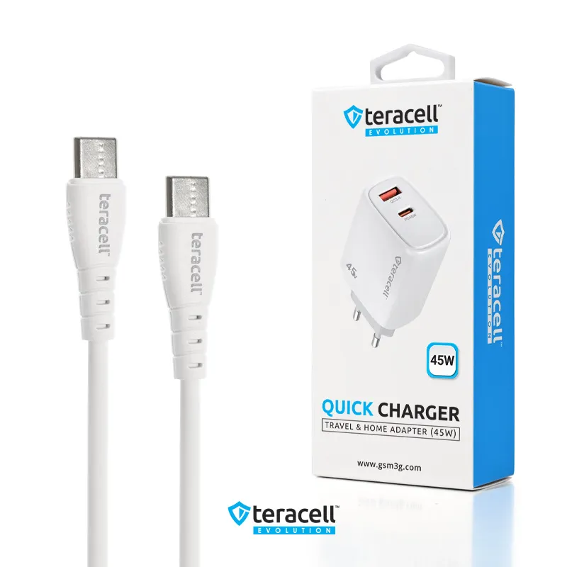Kucni punjac Teracell Evolution TC-19, GAN, QC, PD Fast charging 45W sa PD type C kablom beli CE
