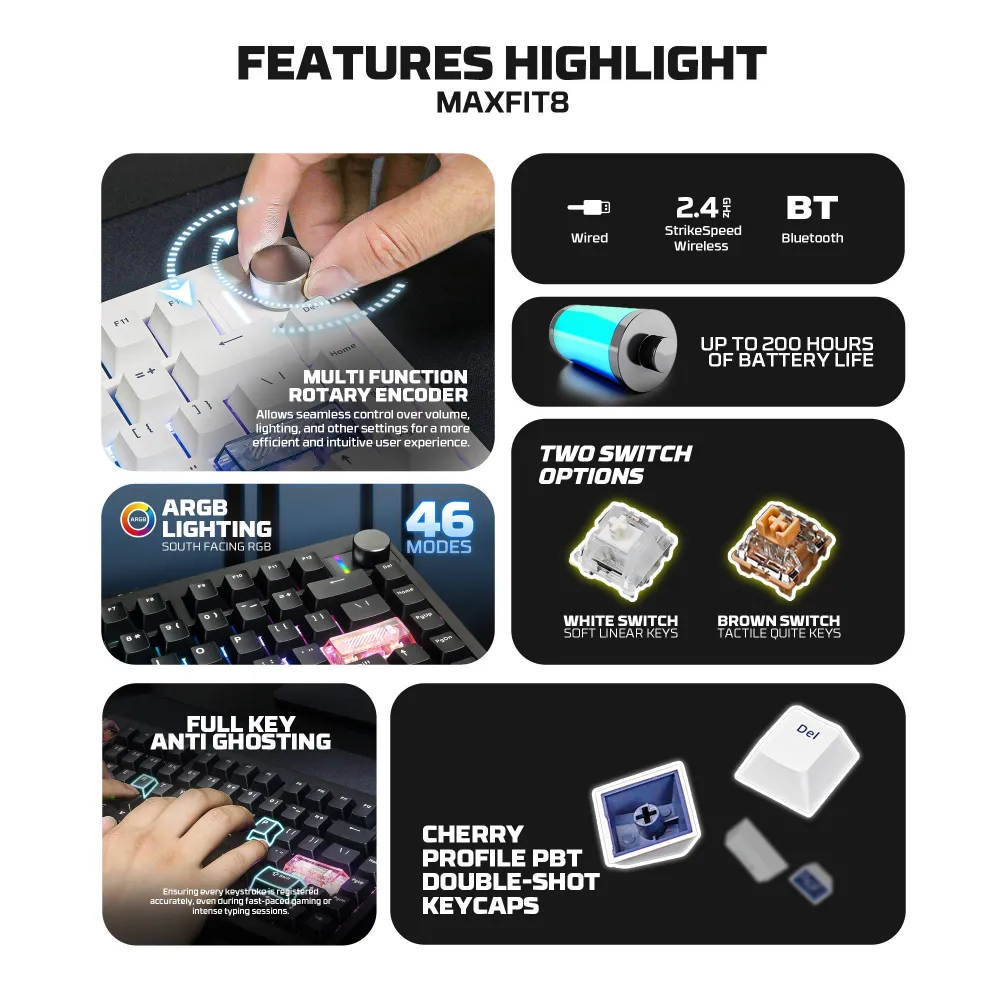 Tastatura Mehanicka Gaming Fantech MK921 Maxfit 8 Wireless black brown switch