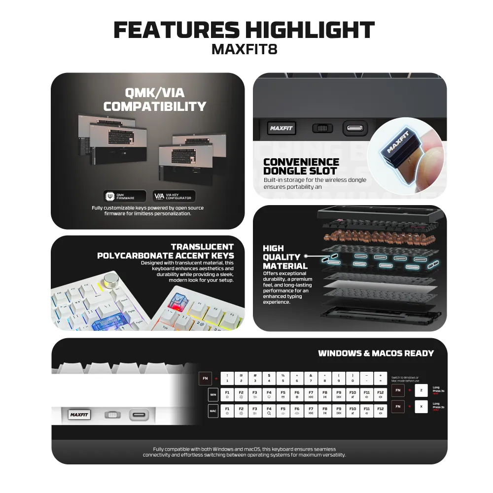 Tastatura Mehanicka Gaming Fantech MK921 Maxfit 8 Wireless white white switch