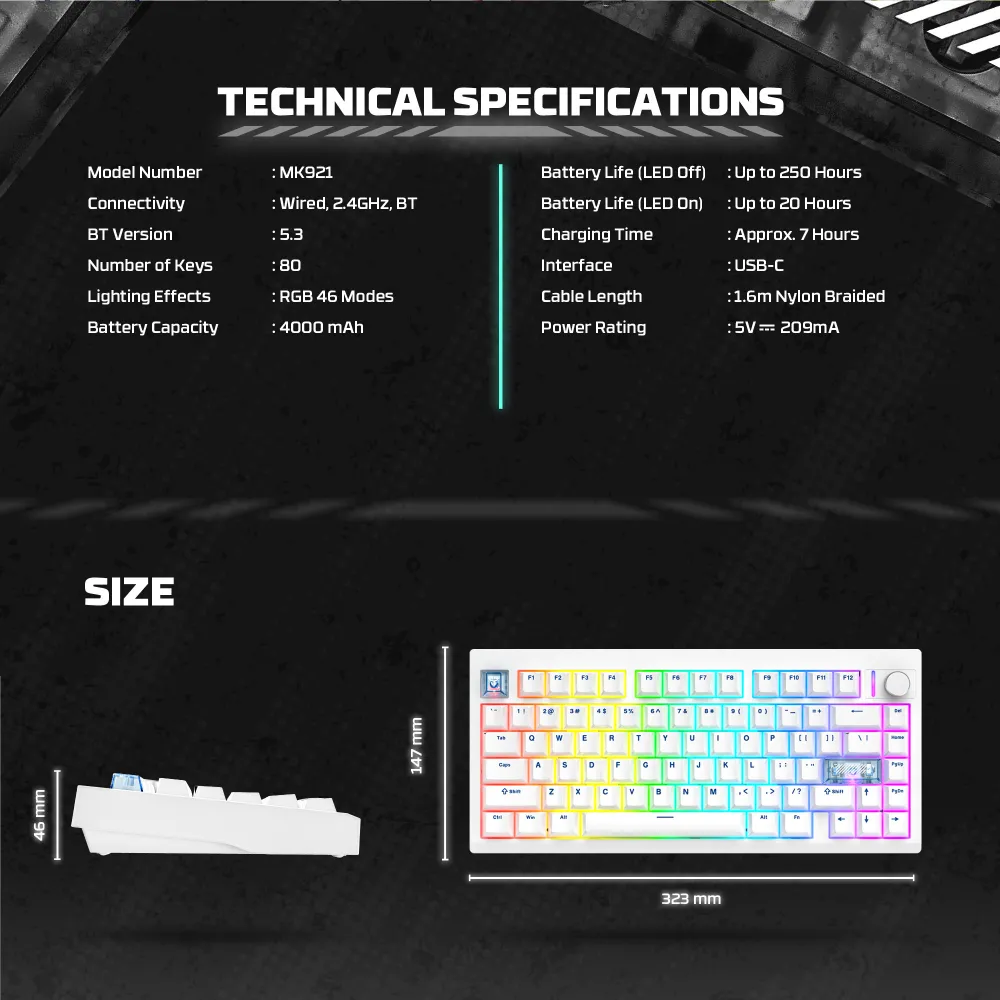 Tastatura Mehanicka Gaming Fantech MK921 Maxfit 8 Wireless white white switch