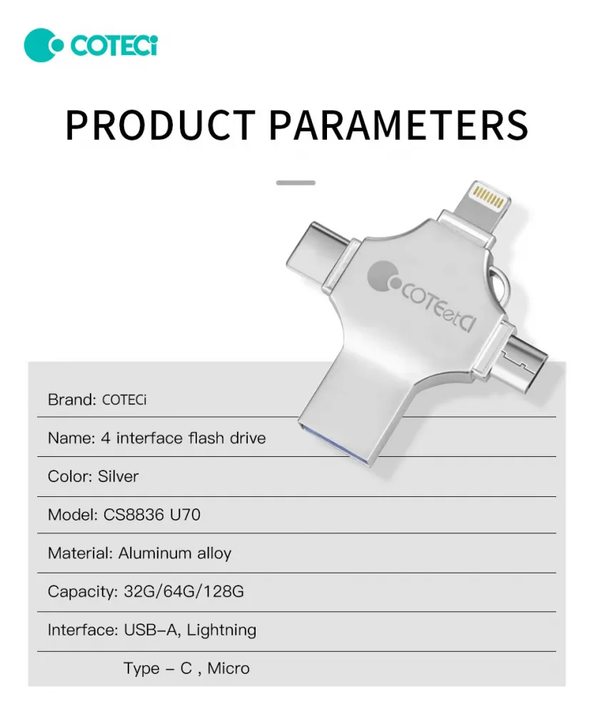 USB flash memorija Coteci CS8836 128GB USB 3.0/micro USB/Type C/lightning