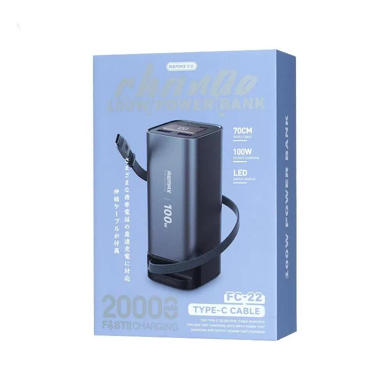 Power bank prenosiva baterija REMAX FC-22 100W sa teleskopskim kablom 20000mAh siva