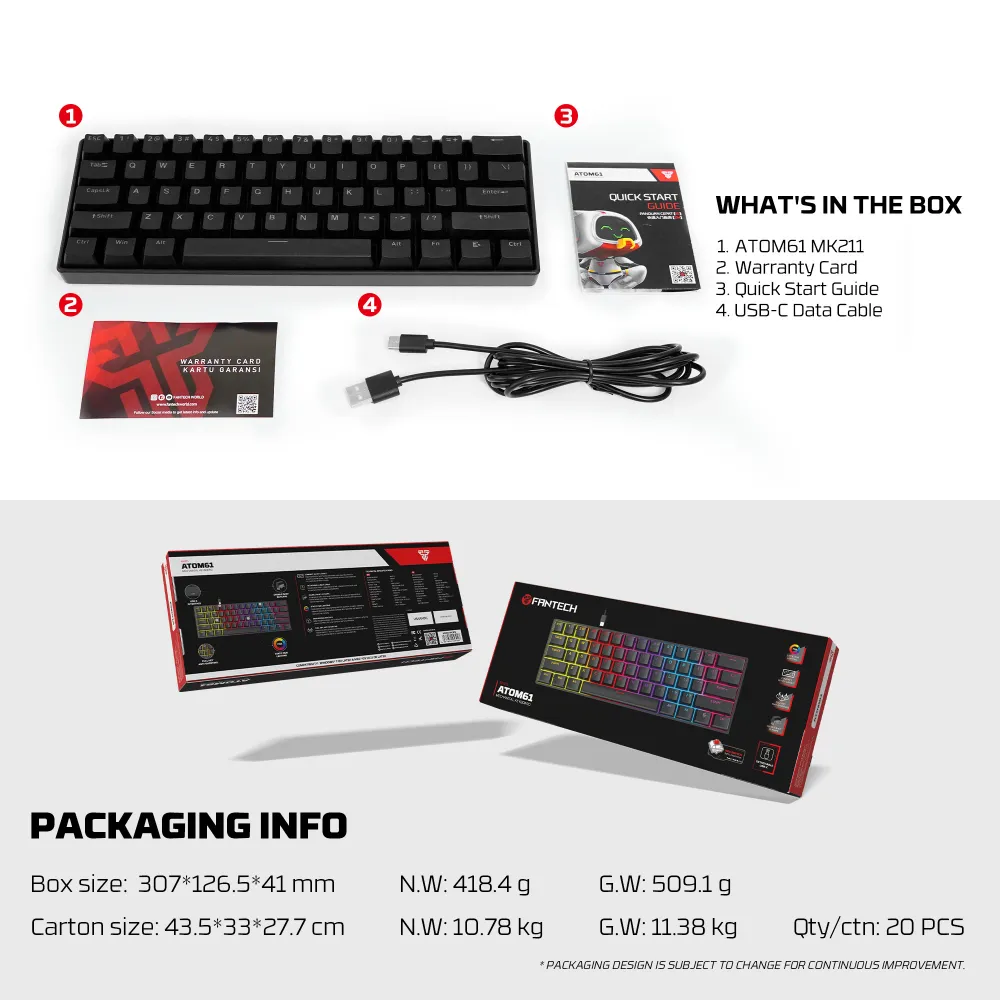 Tastatura Mehanicka Gaming Fantech MK211 RGB Atom61 crna (red switch)