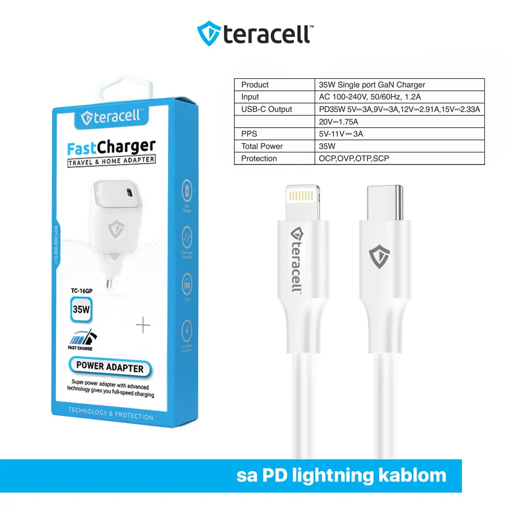 Kucni punjac Teracell Evolution TC-16GP, GaN, PD 3.0, 35W sa PD iPhone lightning kablom beli CE