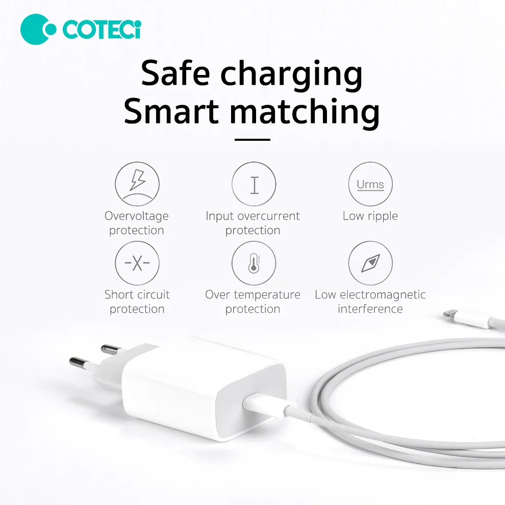 Kucni punjac Coteci CS5193 20W sa PD na lightning kablom beli