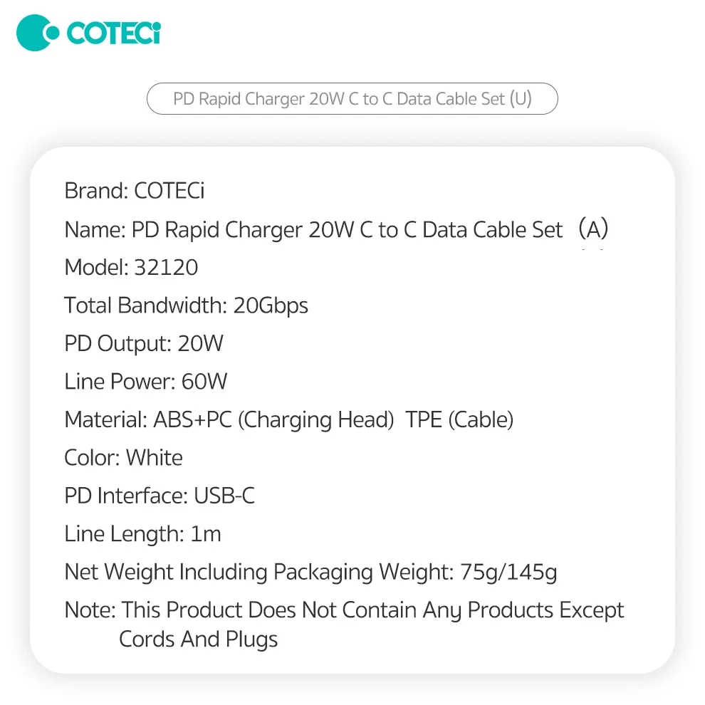 Kucni punjac Coteci 32120 20W sa PD na Type C kablom beli