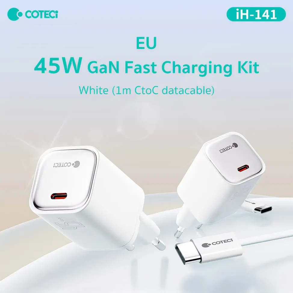 Kucni punjac Coteci iH-141 45W GaN sa PD na Type C kablom beli